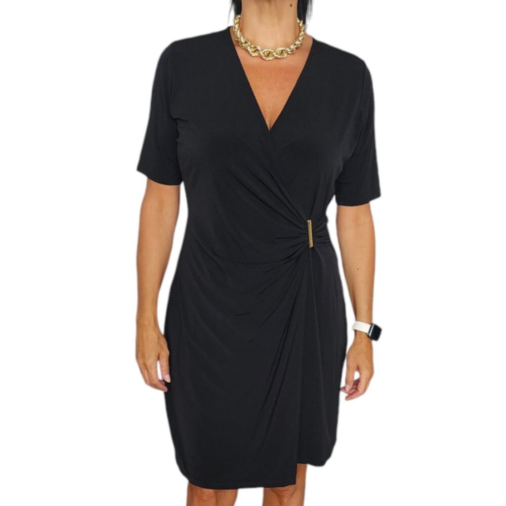 Michael Kors Women's Side Knot Short Length V-Neck Dress- Black Size L